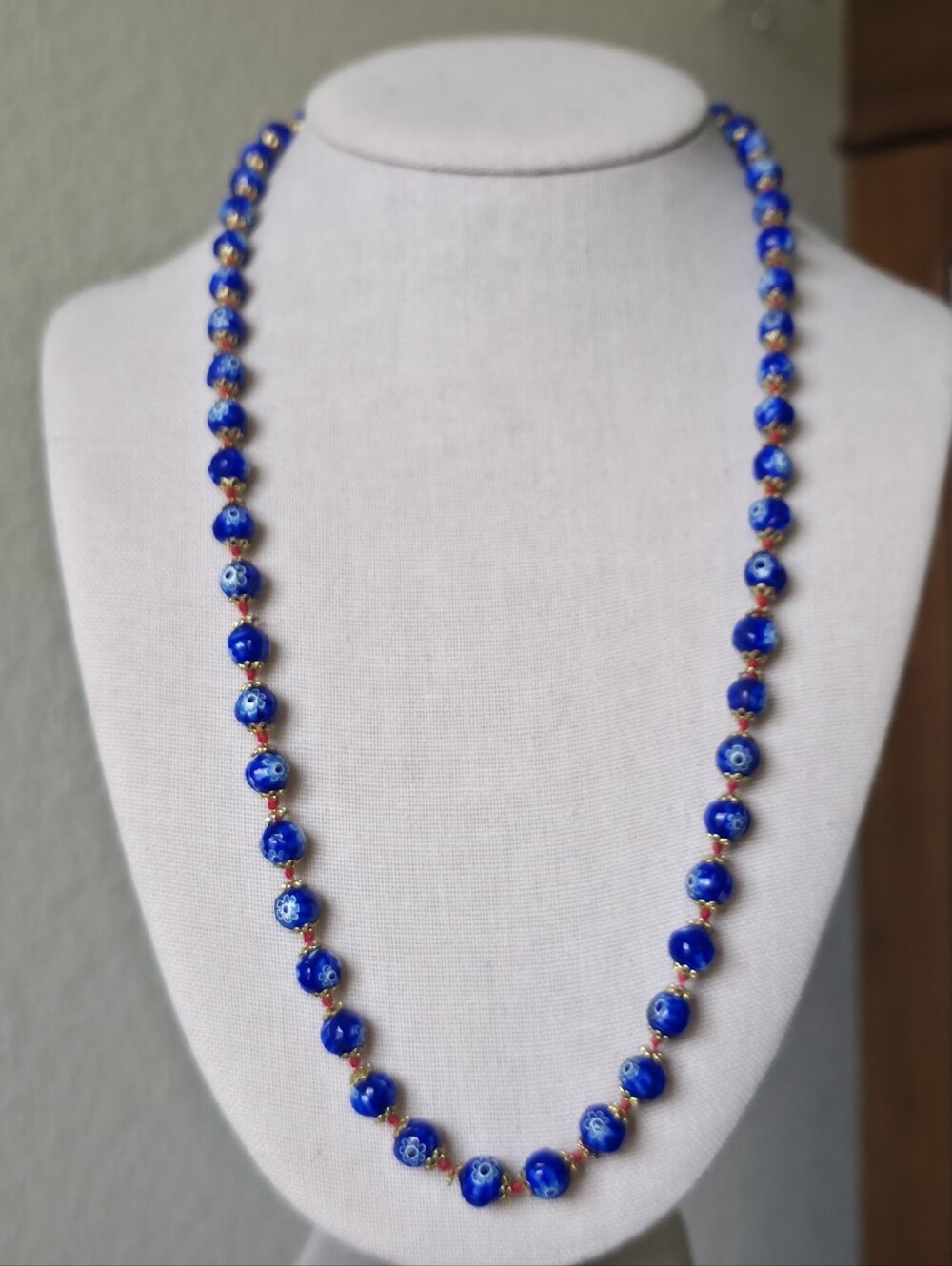 Vintage Murano Necklace Millefiori Blue White Glass Beads - Picture 2 of 9